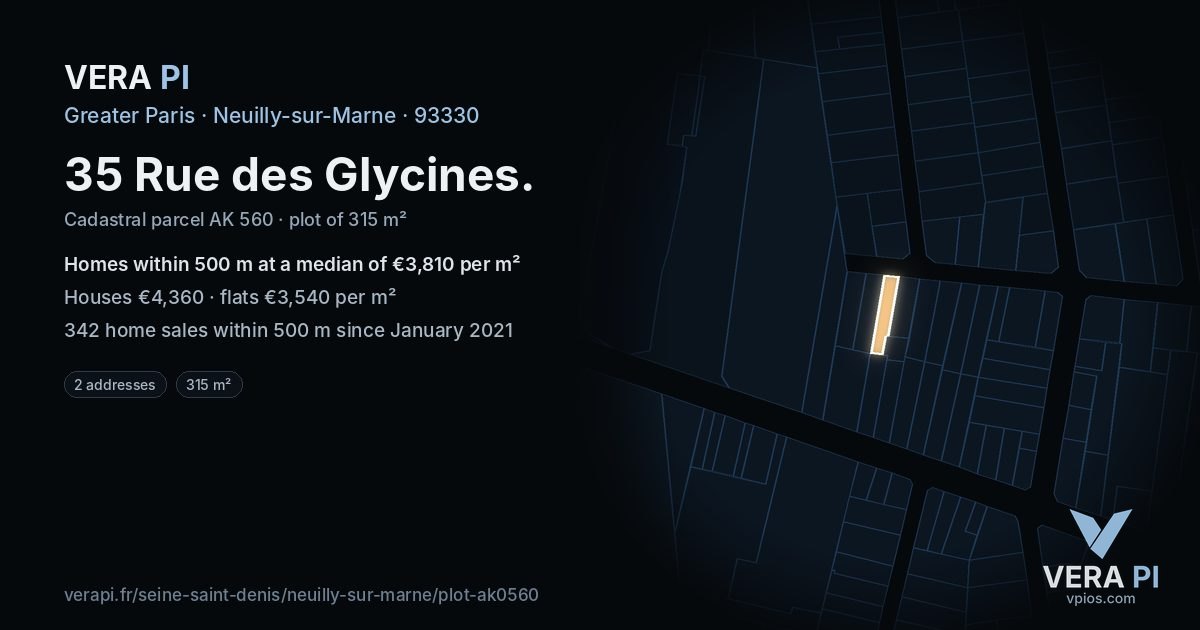 35 Rue des Glycines, Neuilly-sur-Marne at night – the plot lit, the parcels around coloured by the prices near them