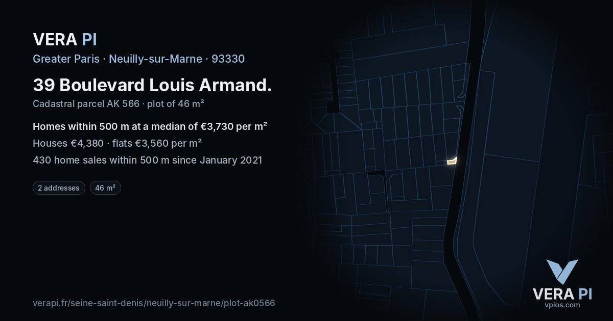 39 Boulevard Louis Armand, Neuilly-sur-Marne at night – the plot lit, the parcels around coloured by the prices near them