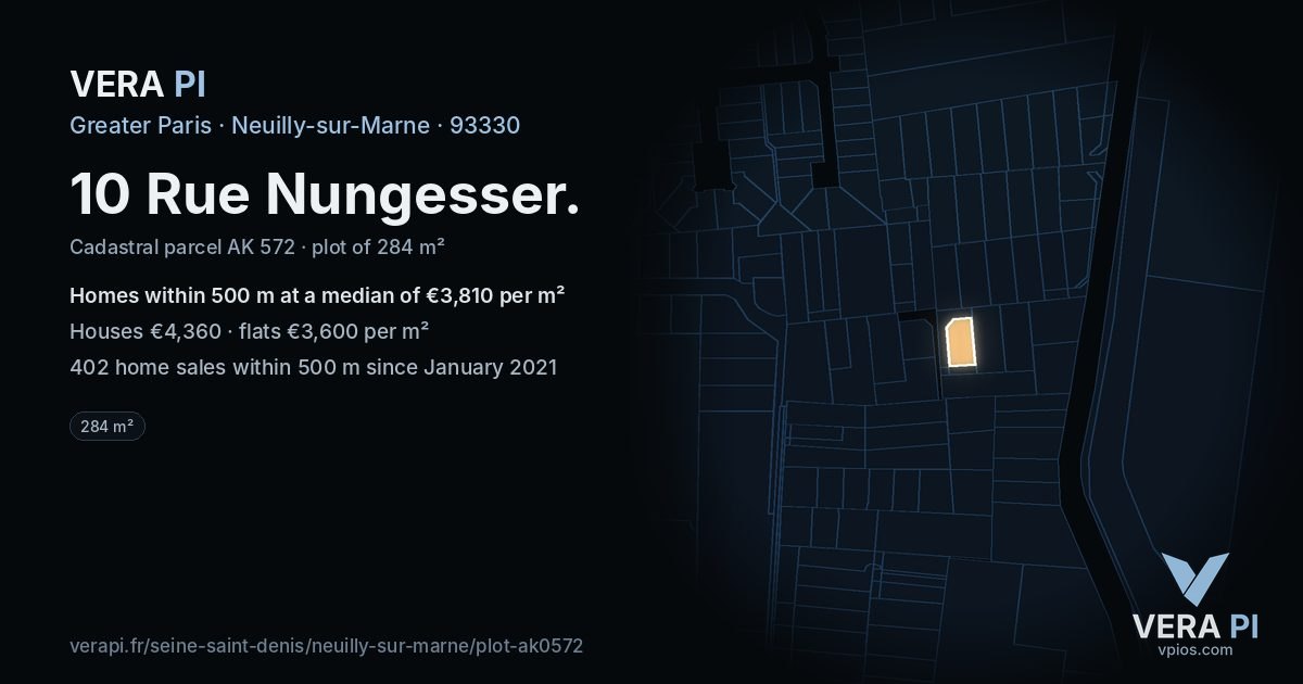 10 Rue Nungesser, Neuilly-sur-Marne at night – the plot lit, the parcels around coloured by the prices near them