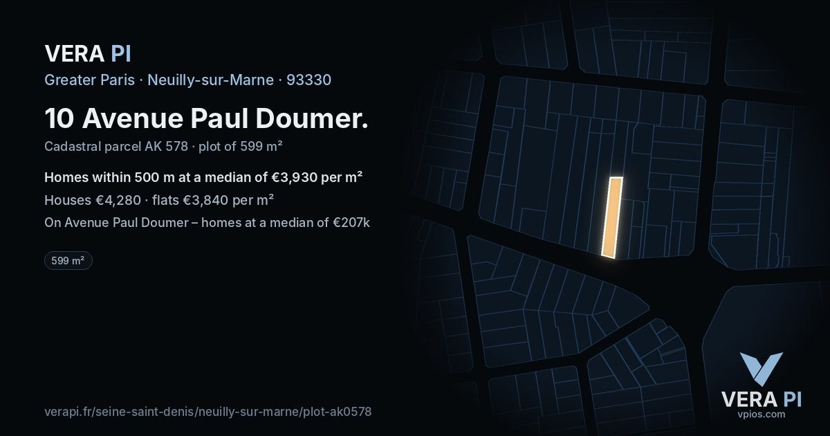 10 Avenue Paul Doumer, Neuilly-sur-Marne at night – the plot lit, the parcels around coloured by the prices near them