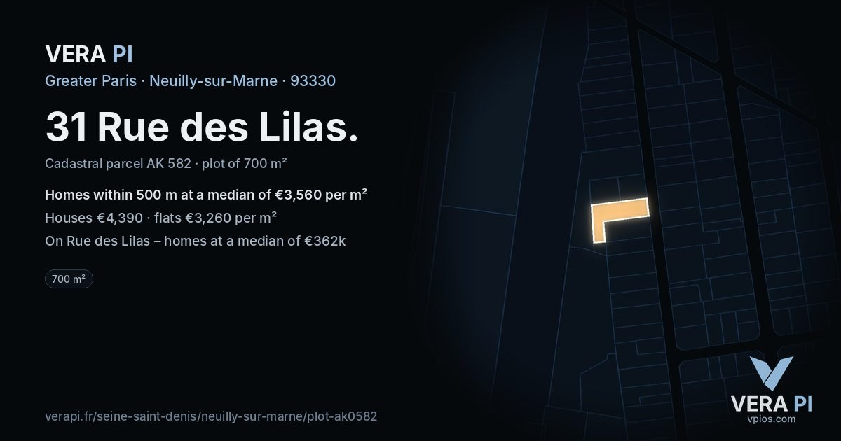 31 Rue des Lilas, Neuilly-sur-Marne at night – the plot lit, the parcels around coloured by the prices near them
