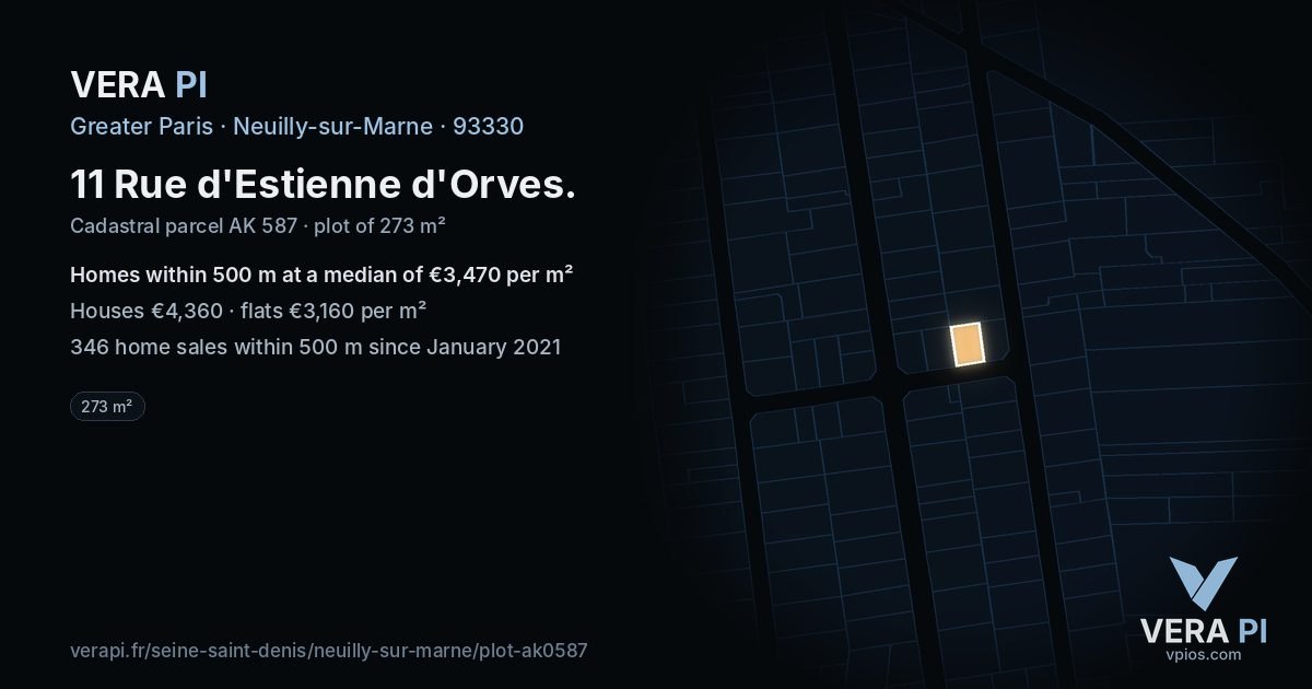 11 Rue d'Estienne d'Orves, Neuilly-sur-Marne at night – the plot lit, the parcels around coloured by the prices near them