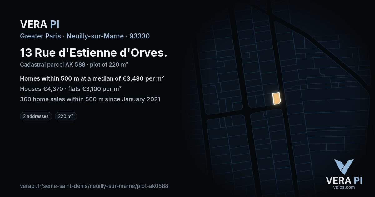 13 Rue d'Estienne d'Orves, Neuilly-sur-Marne at night – the plot lit, the parcels around coloured by the prices near them