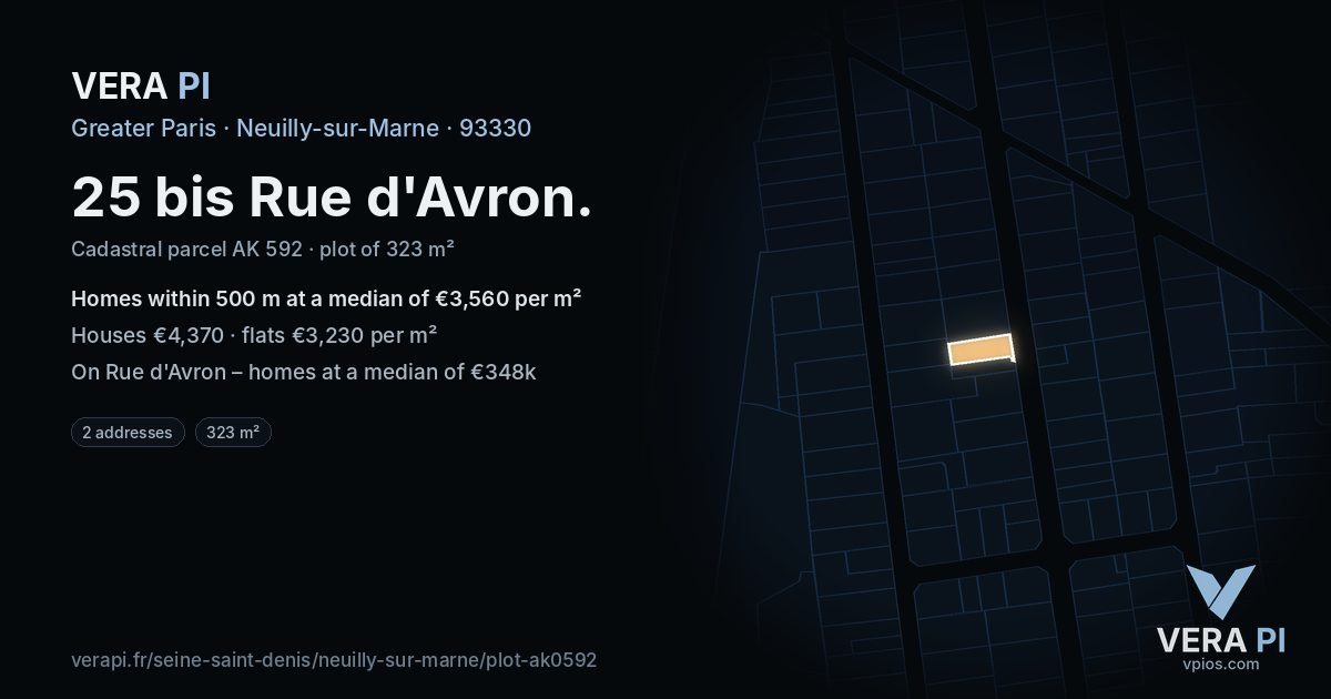 25 bis Rue d'Avron, Neuilly-sur-Marne at night – the plot lit, the parcels around coloured by the prices near them