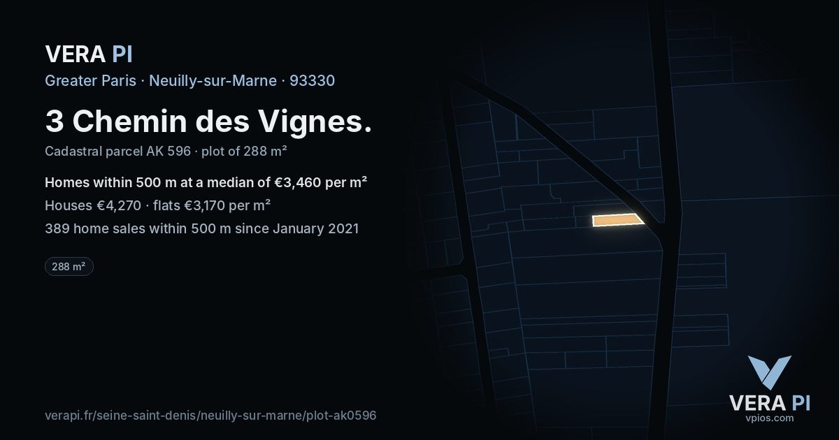 3 Chemin des Vignes, Neuilly-sur-Marne at night – the plot lit, the parcels around coloured by the prices near them