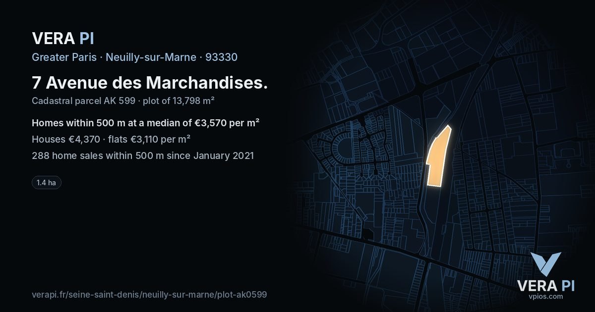 7 Avenue des Marchandises, Neuilly-sur-Marne at night – the plot lit, the parcels around coloured by the prices near them