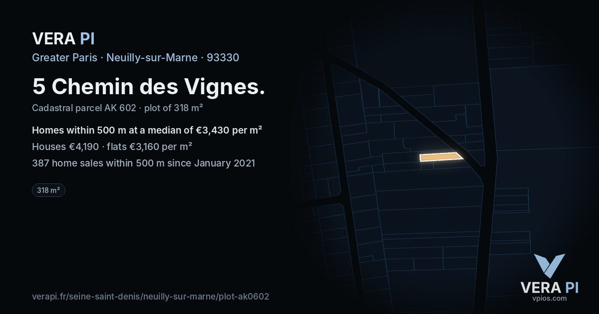 5 Chemin des Vignes, Neuilly-sur-Marne at night – the plot lit, the parcels around coloured by the prices near them