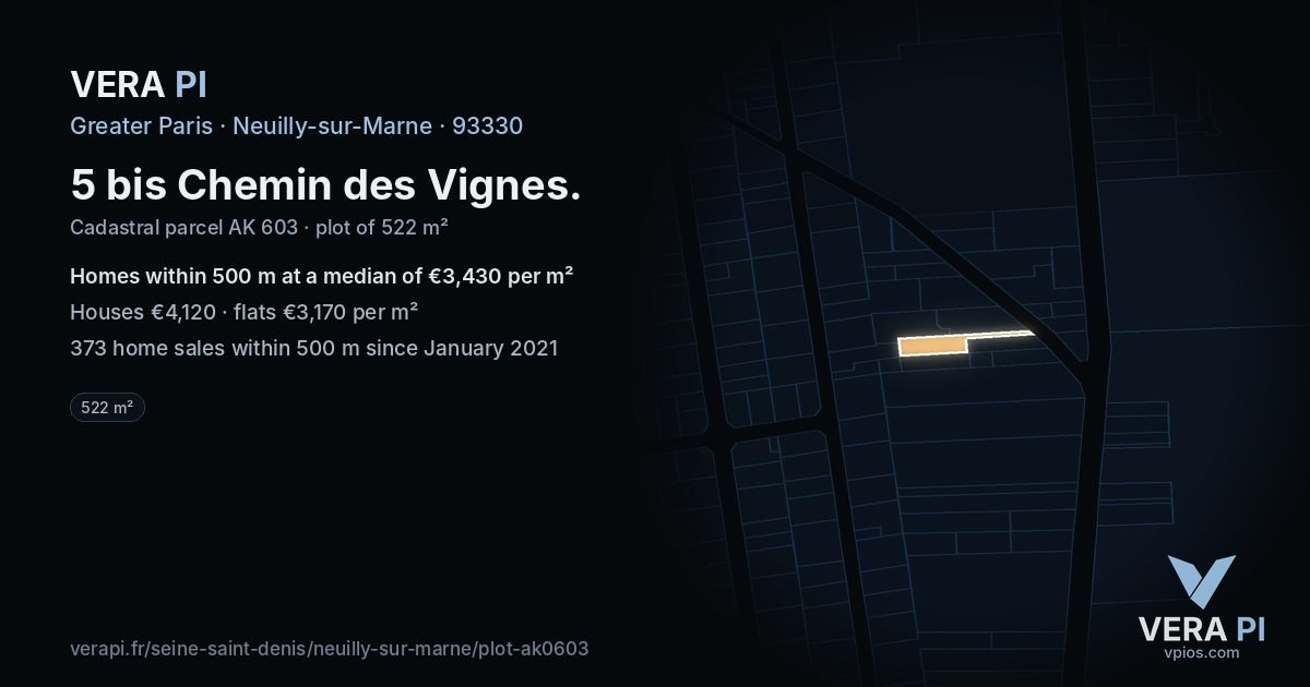 5 bis Chemin des Vignes, Neuilly-sur-Marne at night – the plot lit, the parcels around coloured by the prices near them