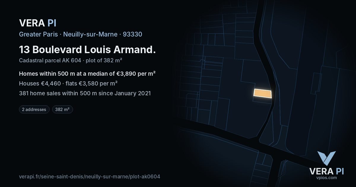 13 Boulevard Louis Armand, Neuilly-sur-Marne at night – the plot lit, the parcels around coloured by the prices near them