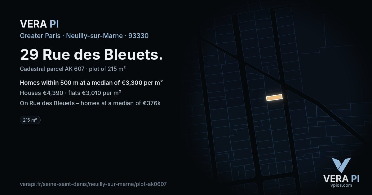 29 Rue des Bleuets, Neuilly-sur-Marne at night – the plot lit, the parcels around coloured by the prices near them