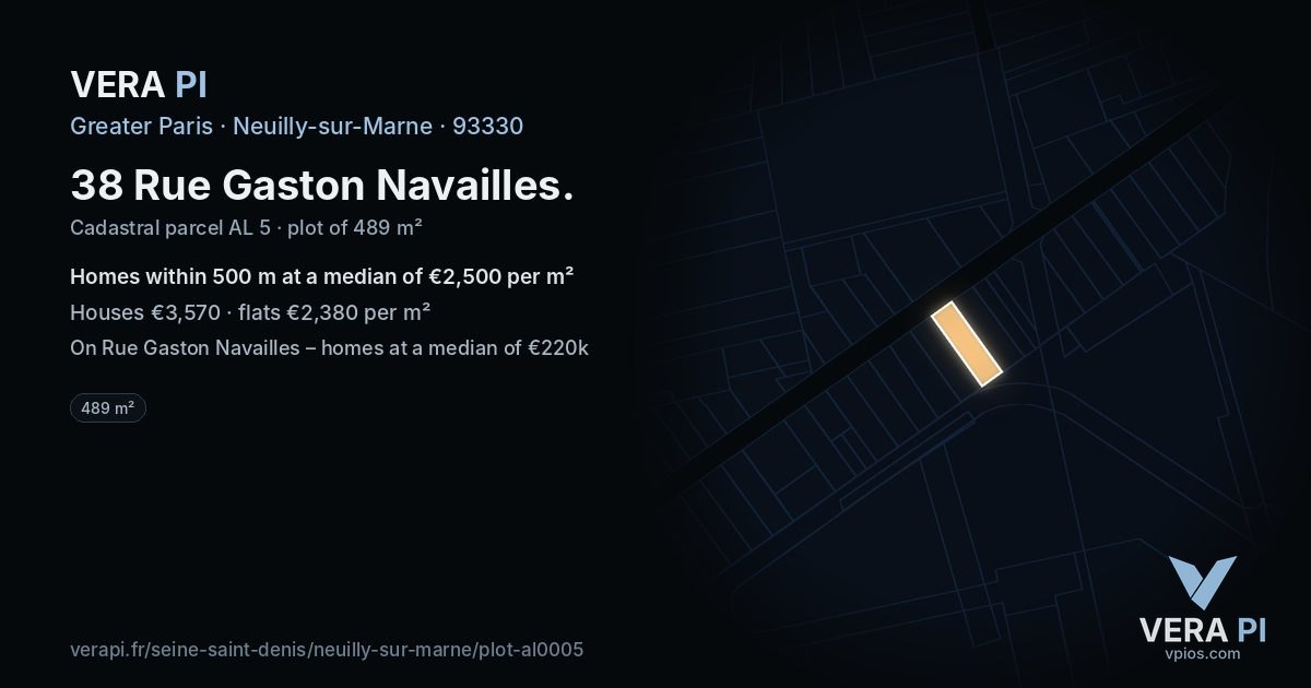 38 Rue Gaston Navailles, Neuilly-sur-Marne at night – the plot lit, the parcels around coloured by the prices near them