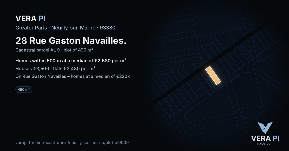 28 Rue Gaston Navailles, Neuilly-sur-Marne at night – the plot lit, the parcels around coloured by the prices near them