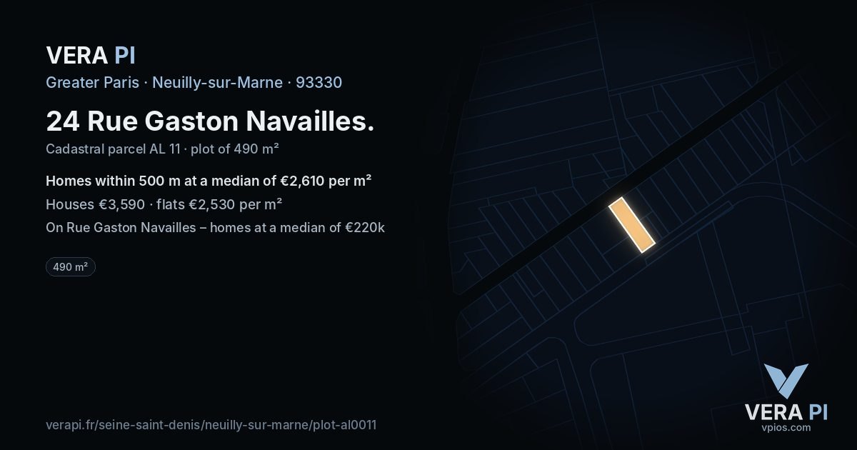 24 Rue Gaston Navailles, Neuilly-sur-Marne at night – the plot lit, the parcels around coloured by the prices near them