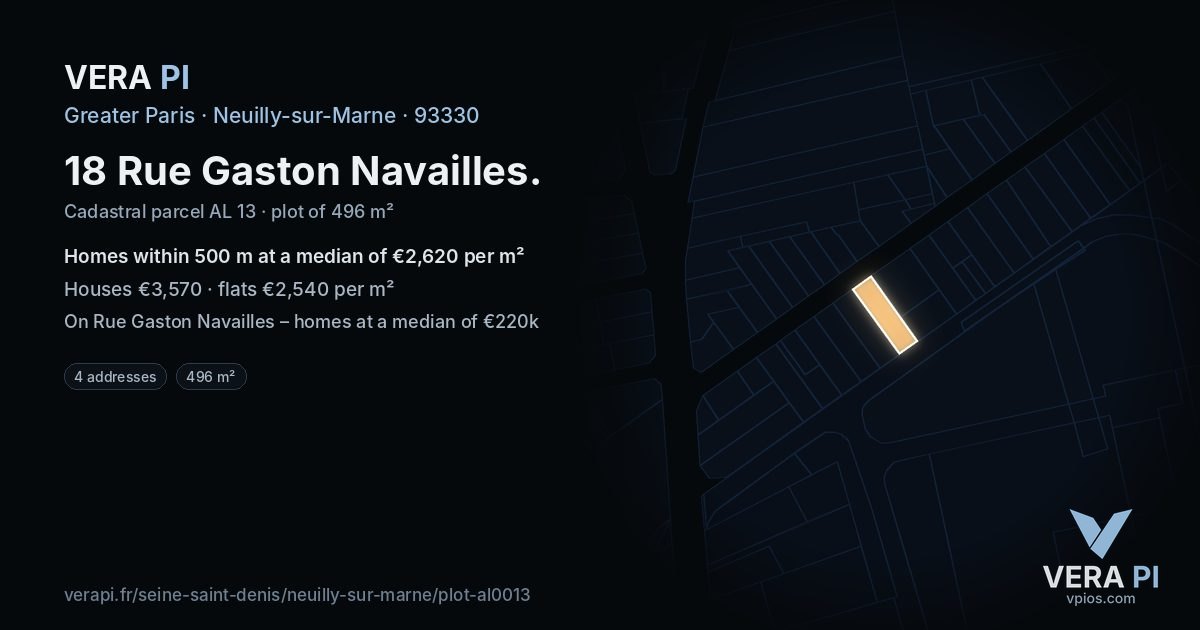 18 Rue Gaston Navailles, Neuilly-sur-Marne at night – the plot lit, the parcels around coloured by the prices near them