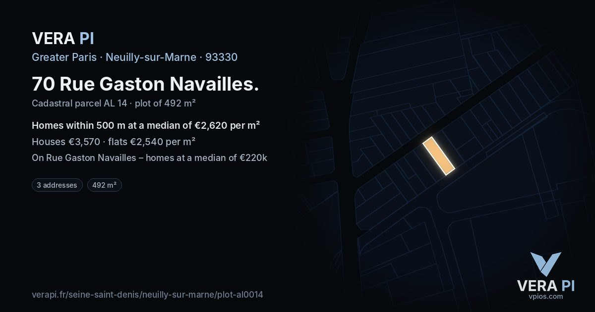 70 Rue Gaston Navailles, Neuilly-sur-Marne at night – the plot lit, the parcels around coloured by the prices near them