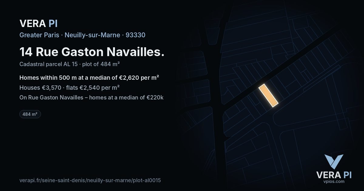14 Rue Gaston Navailles, Neuilly-sur-Marne at night – the plot lit, the parcels around coloured by the prices near them