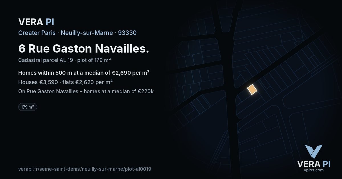 6 Rue Gaston Navailles, Neuilly-sur-Marne at night – the plot lit, the parcels around coloured by the prices near them