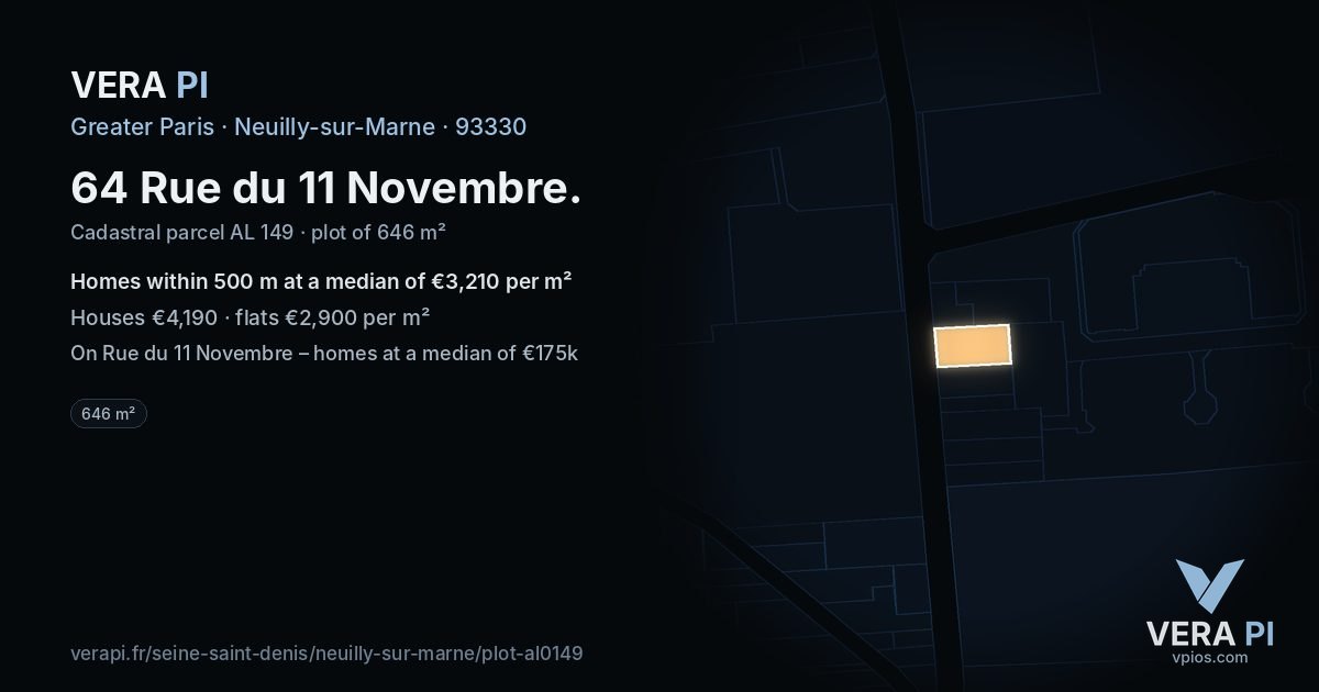 64 Rue du 11 Novembre, Neuilly-sur-Marne at night – the plot lit, the parcels around coloured by the prices near them