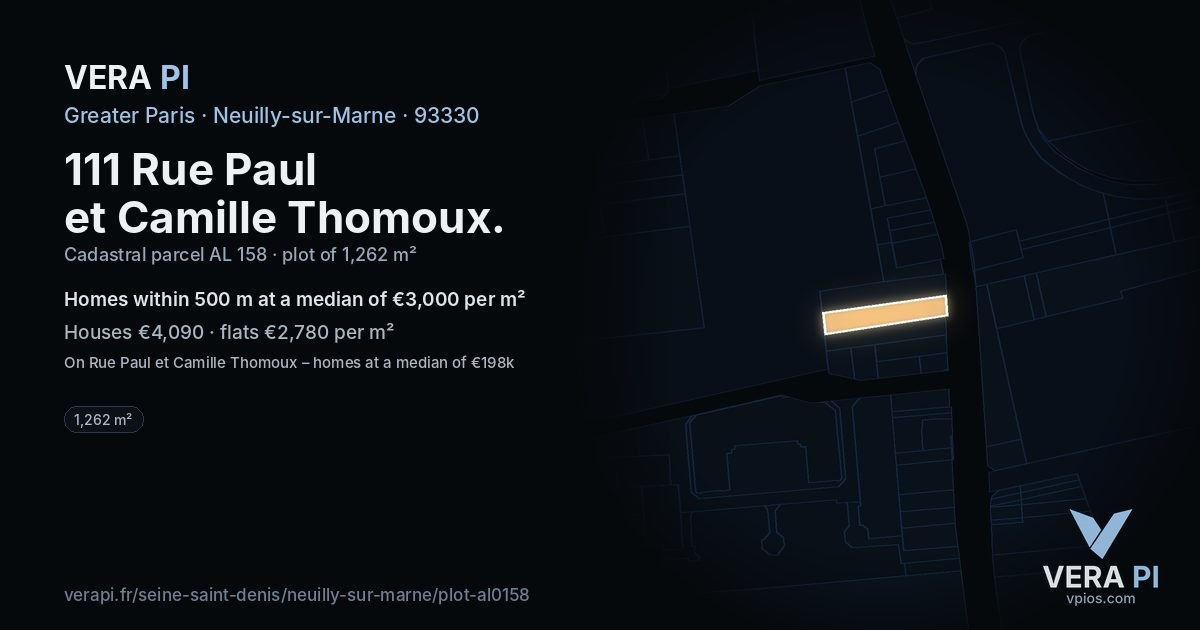 111 Rue Paul et Camille Thomoux, Neuilly-sur-Marne at night – the plot lit, the parcels around coloured by the prices near them
