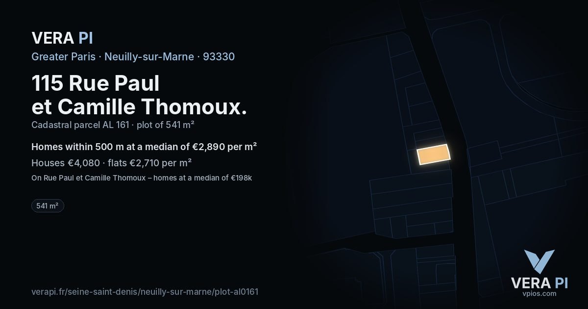 115 Rue Paul et Camille Thomoux, Neuilly-sur-Marne at night – the plot lit, the parcels around coloured by the prices near them