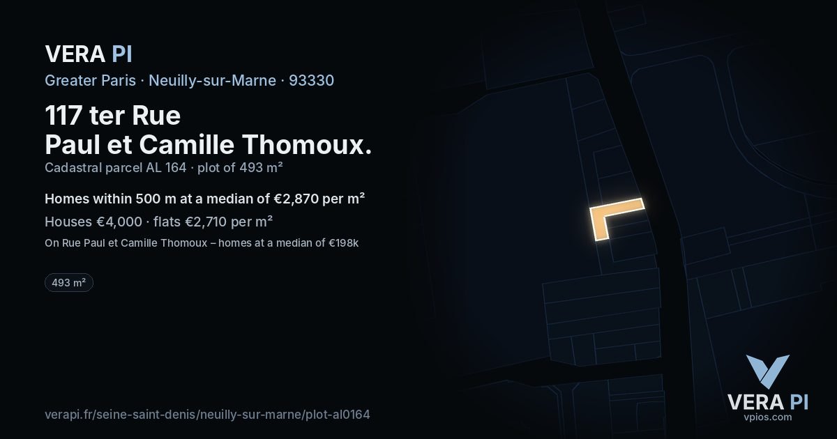 117 ter Rue Paul et Camille Thomoux, Neuilly-sur-Marne at night – the plot lit, the parcels around coloured by the prices near them