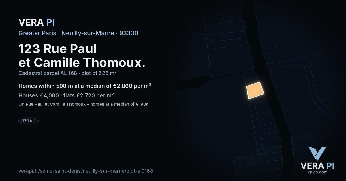 123 Rue Paul et Camille Thomoux, Neuilly-sur-Marne at night – the plot lit, the parcels around coloured by the prices near them