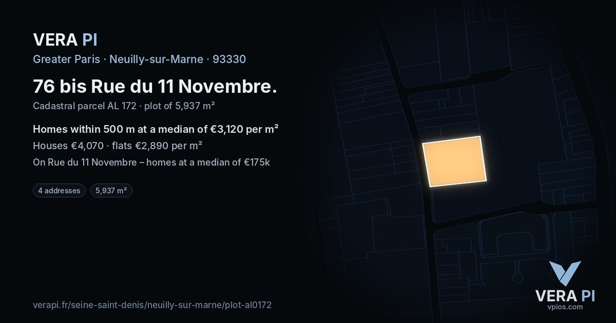 76 bis Rue du 11 Novembre, Neuilly-sur-Marne at night – the plot lit, the parcels around coloured by the prices near them