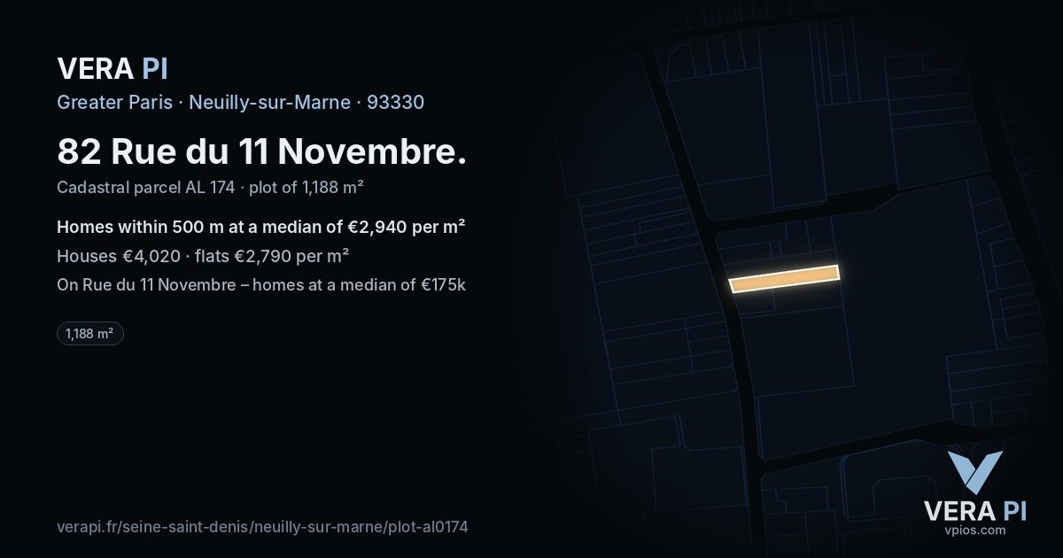 82 Rue du 11 Novembre, Neuilly-sur-Marne at night – the plot lit, the parcels around coloured by the prices near them