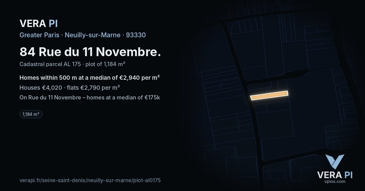 84 Rue du 11 Novembre, Neuilly-sur-Marne at night – the plot lit, the parcels around coloured by the prices near them