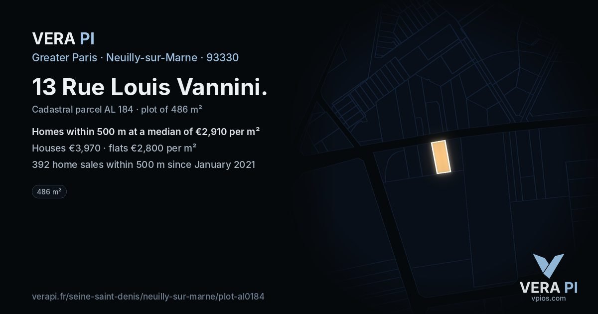 13 Rue Louis Vannini, Neuilly-sur-Marne at night – the plot lit, the parcels around coloured by the prices near them