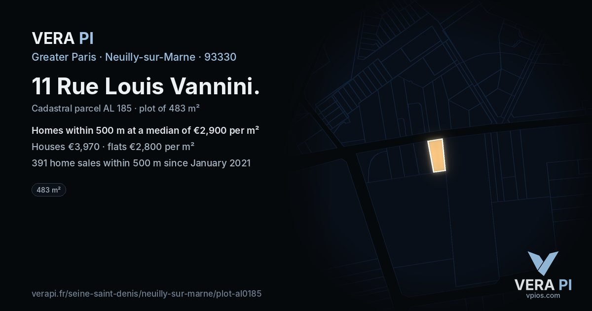 11 Rue Louis Vannini, Neuilly-sur-Marne at night – the plot lit, the parcels around coloured by the prices near them