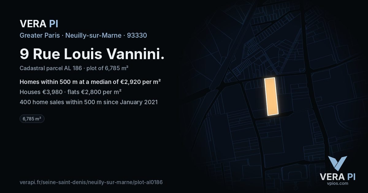 9 Rue Louis Vannini, Neuilly-sur-Marne at night – the plot lit, the parcels around coloured by the prices near them