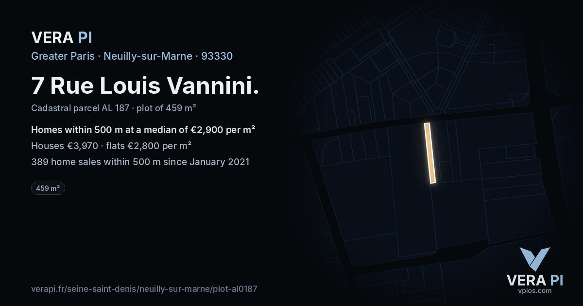 7 Rue Louis Vannini, Neuilly-sur-Marne at night – the plot lit, the parcels around coloured by the prices near them
