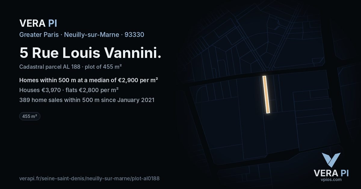 5 Rue Louis Vannini, Neuilly-sur-Marne at night – the plot lit, the parcels around coloured by the prices near them