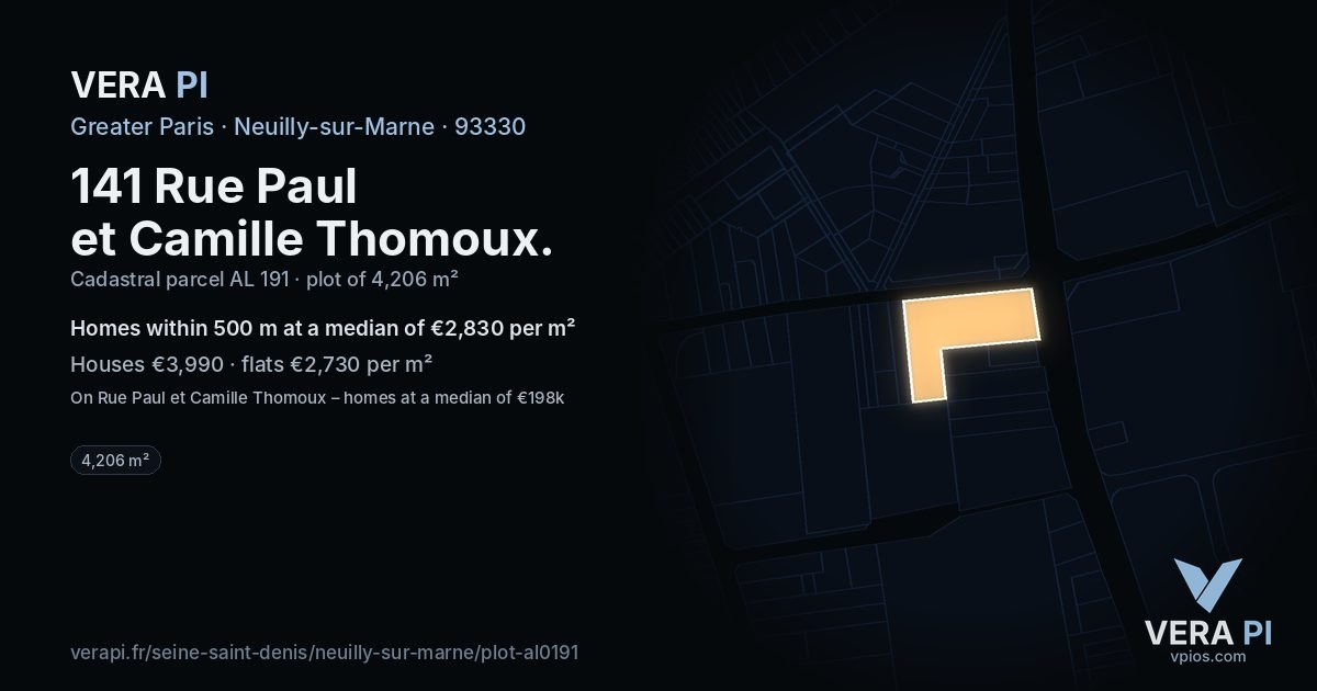 141 Rue Paul et Camille Thomoux, Neuilly-sur-Marne at night – the plot lit, the parcels around coloured by the prices near them