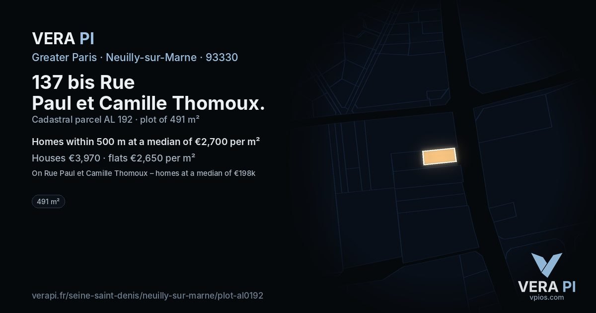 137 bis Rue Paul et Camille Thomoux, Neuilly-sur-Marne at night – the plot lit, the parcels around coloured by the prices near them