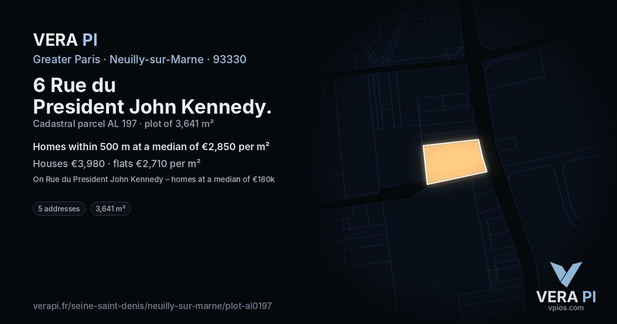 6 Rue du President John Kennedy, Neuilly-sur-Marne at night – the plot lit, the parcels around coloured by the prices near them