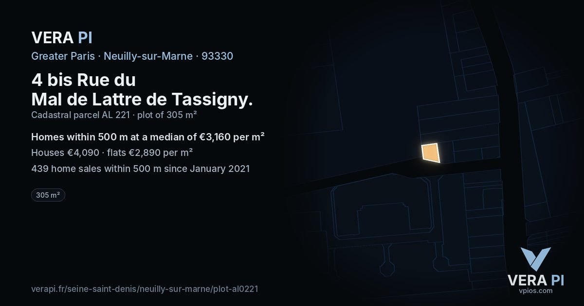 4 bis Rue du Mal de Lattre de Tassigny, Neuilly-sur-Marne at night – the plot lit, the parcels around coloured by the prices near them