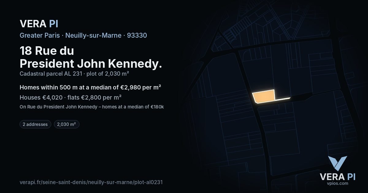 18 Rue du President John Kennedy, Neuilly-sur-Marne at night – the plot lit, the parcels around coloured by the prices near them
