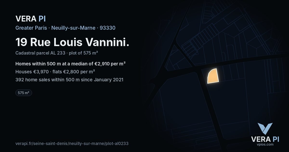 19 Rue Louis Vannini, Neuilly-sur-Marne at night – the plot lit, the parcels around coloured by the prices near them