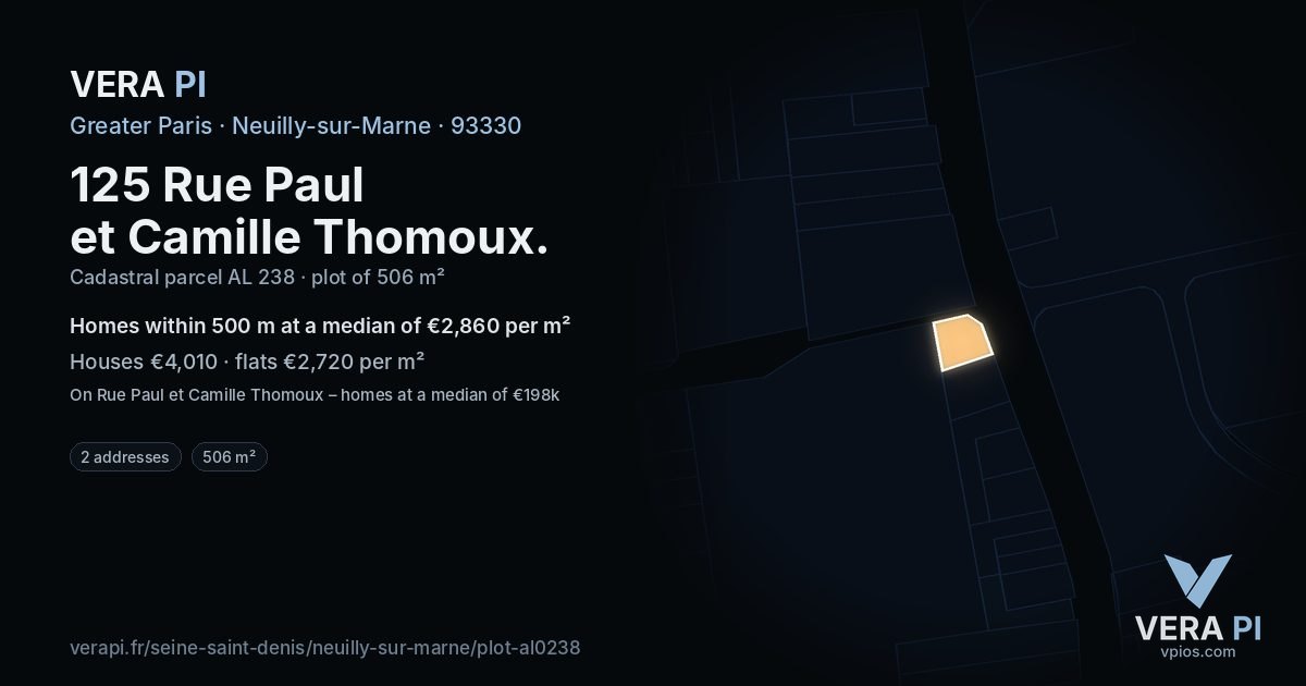 125 Rue Paul et Camille Thomoux, Neuilly-sur-Marne at night – the plot lit, the parcels around coloured by the prices near them
