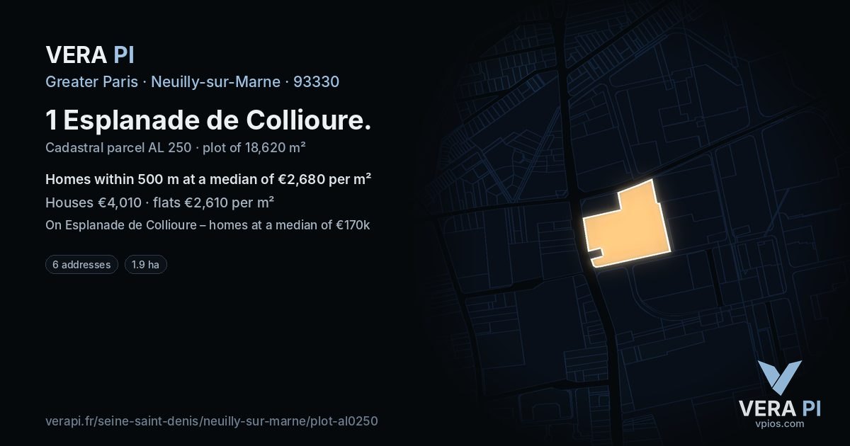 1 Esplanade de Collioure, Neuilly-sur-Marne at night – the plot lit, the parcels around coloured by the prices near them