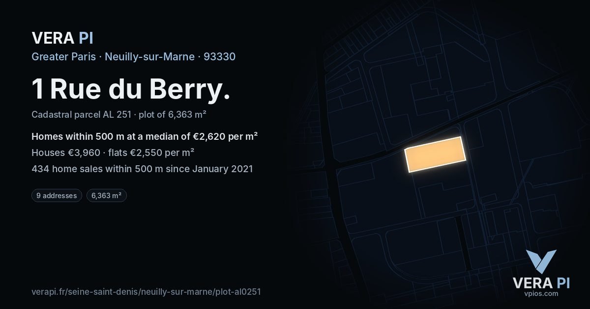 1 Rue du Berry, Neuilly-sur-Marne at night – the plot lit, the parcels around coloured by the prices near them
