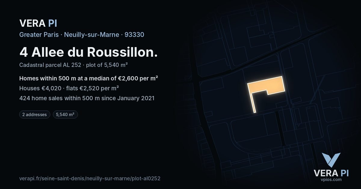 4 Allee du Roussillon, Neuilly-sur-Marne at night – the plot lit, the parcels around coloured by the prices near them