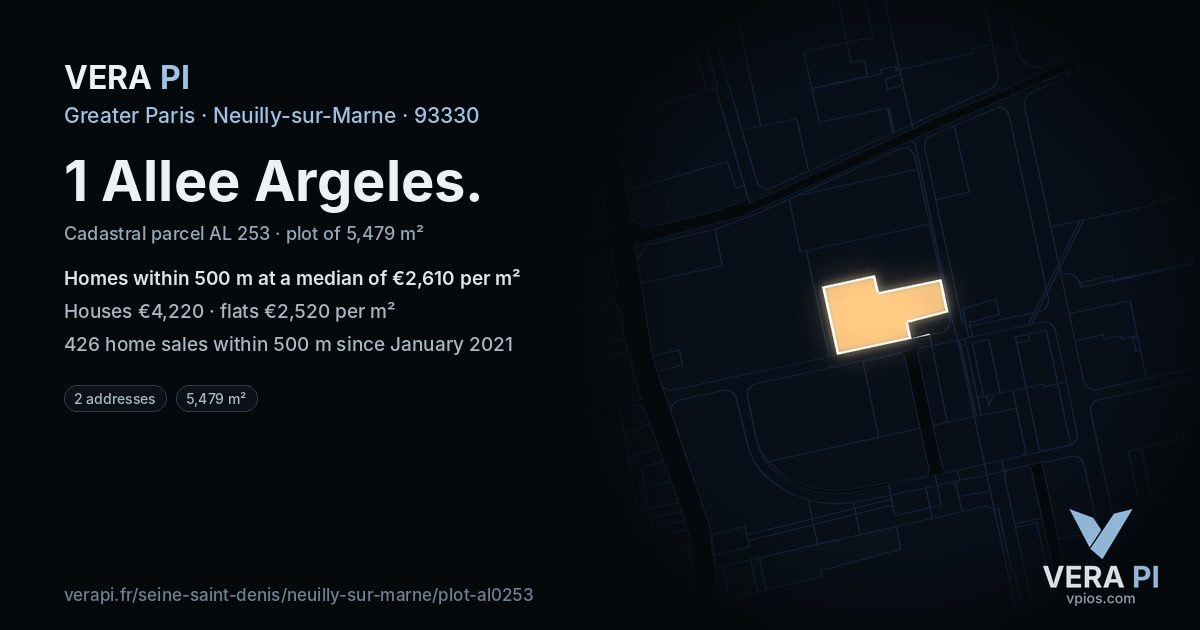 1 Allee Argeles, Neuilly-sur-Marne at night – the plot lit, the parcels around coloured by the prices near them