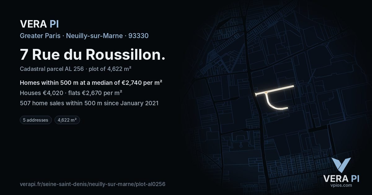 7 Rue du Roussillon, Neuilly-sur-Marne at night – the plot lit, the parcels around coloured by the prices near them