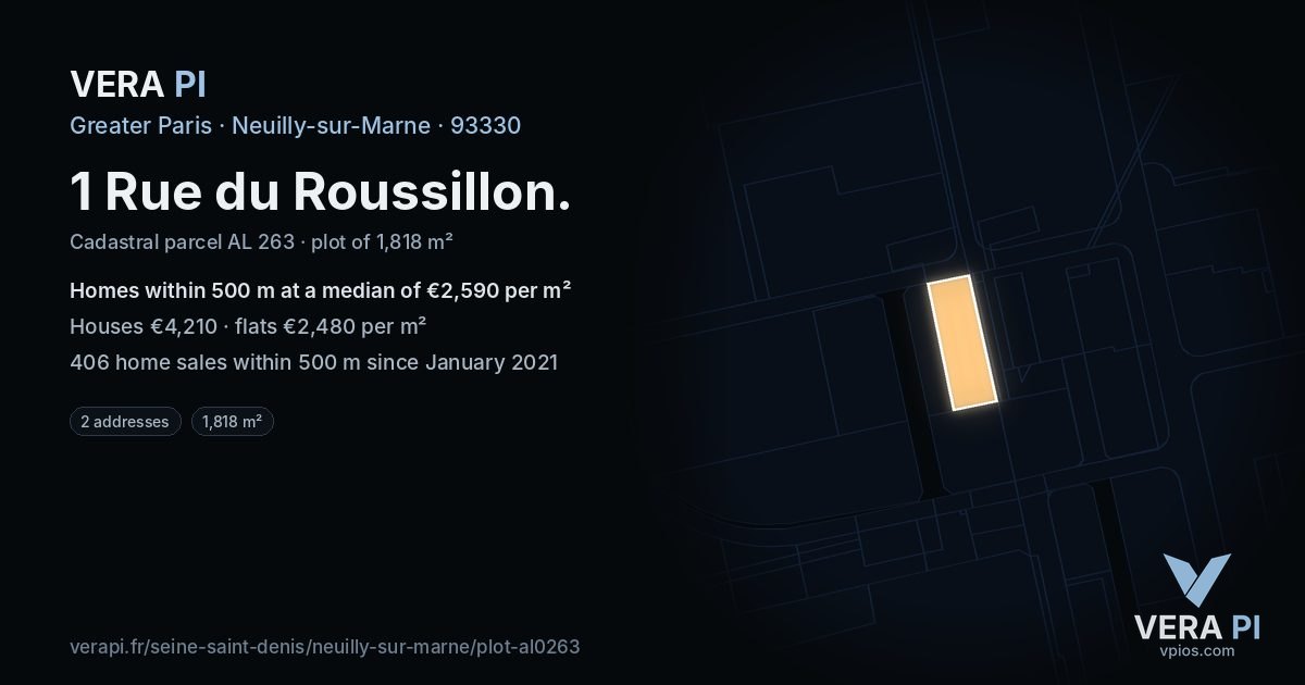 1 Rue du Roussillon, Neuilly-sur-Marne at night – the plot lit, the parcels around coloured by the prices near them
