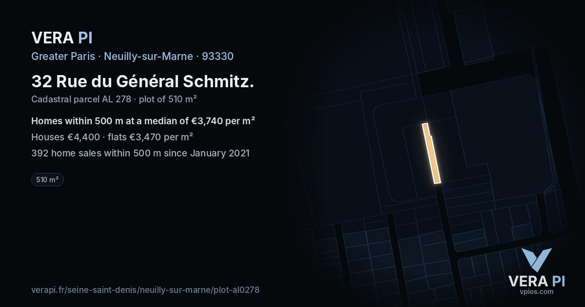32 Rue du Général Schmitz, Neuilly-sur-Marne at night – the plot lit, the parcels around coloured by the prices near them