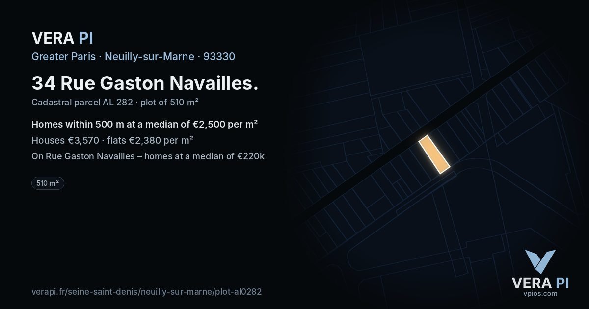 34 Rue Gaston Navailles, Neuilly-sur-Marne at night – the plot lit, the parcels around coloured by the prices near them