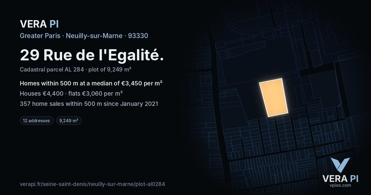 29 Rue de l'Egalité, Neuilly-sur-Marne at night – the plot lit, the parcels around coloured by the prices near them